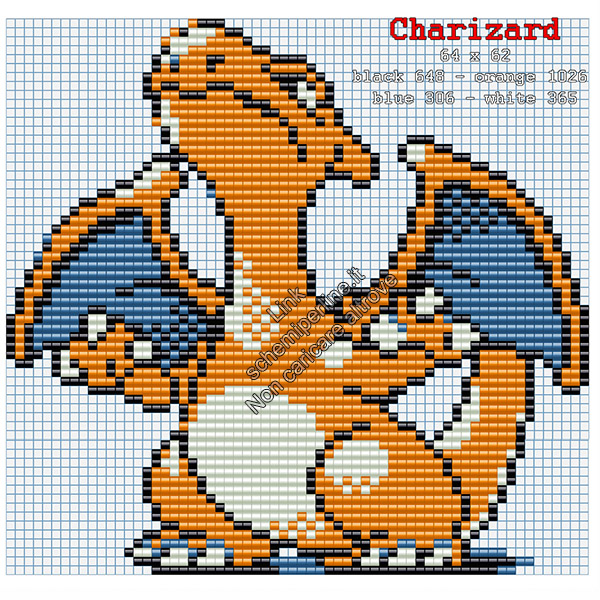 Charizard schemi perline da stirare pyssla Pokemon videogiochi 64x62