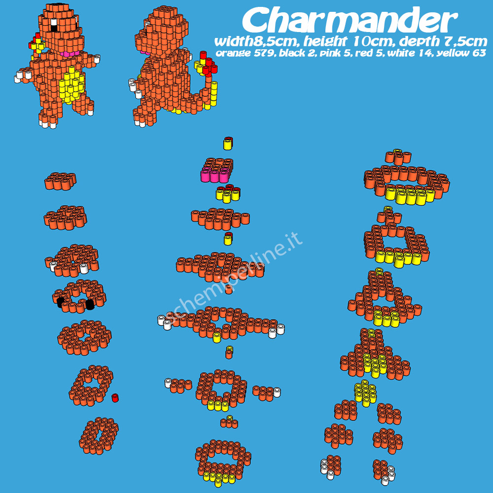 Charmander schema gratis in 3D con le perline a fusione Pyssla