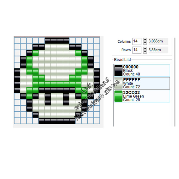 Funghetto di Super Mario Bros verde schema perline da stirare pyssla 14x14