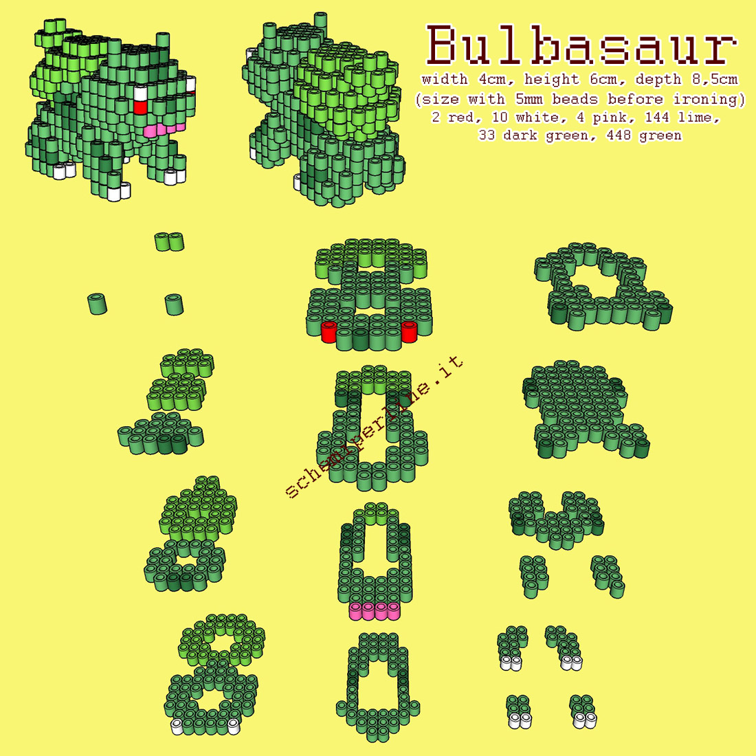 Il Pokemon Bulbasaur schema 3D con le perline da stirare Hama Beads