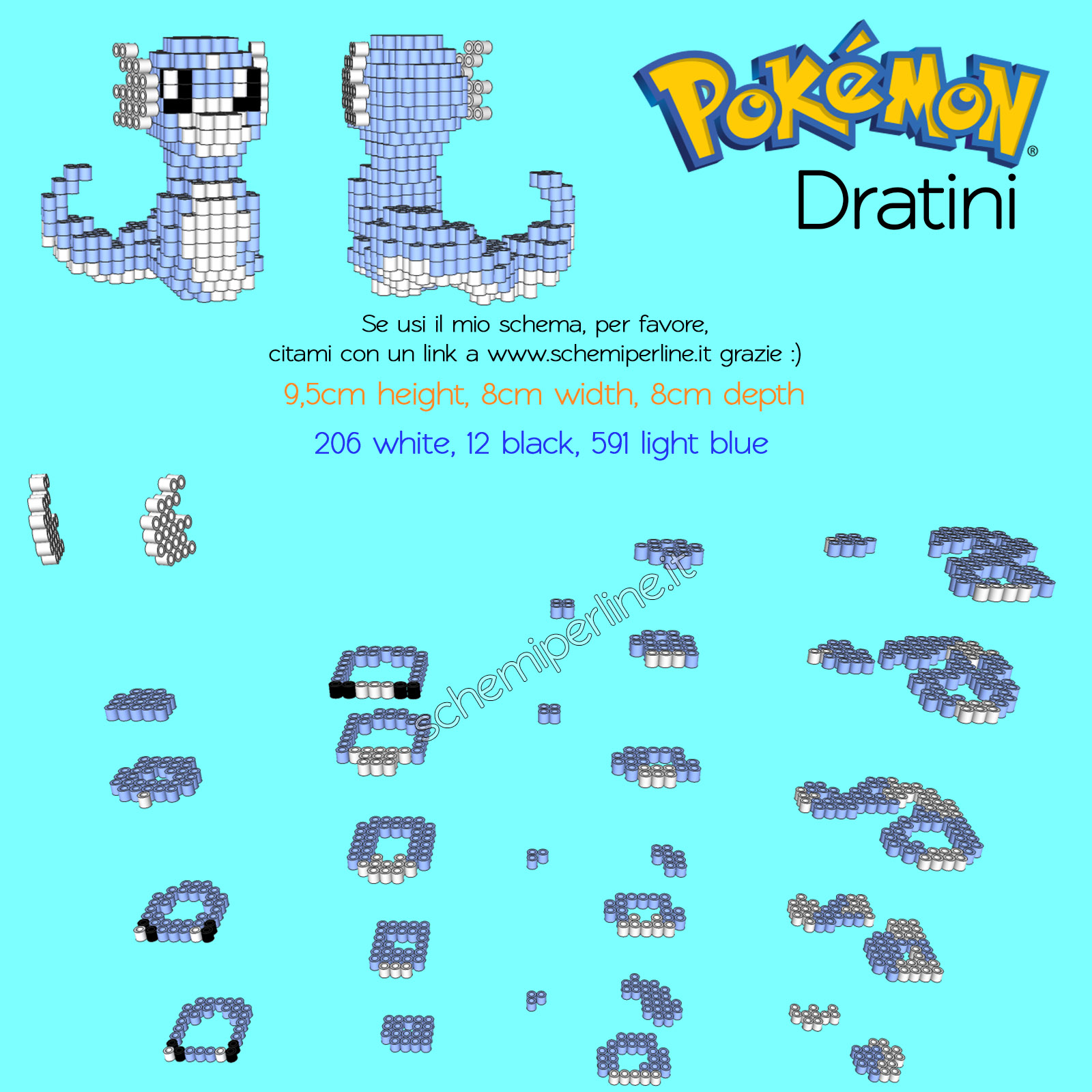 Il Pokemon Dratini schema in 3D con le perline a fusione Pyssla o Hama Beads