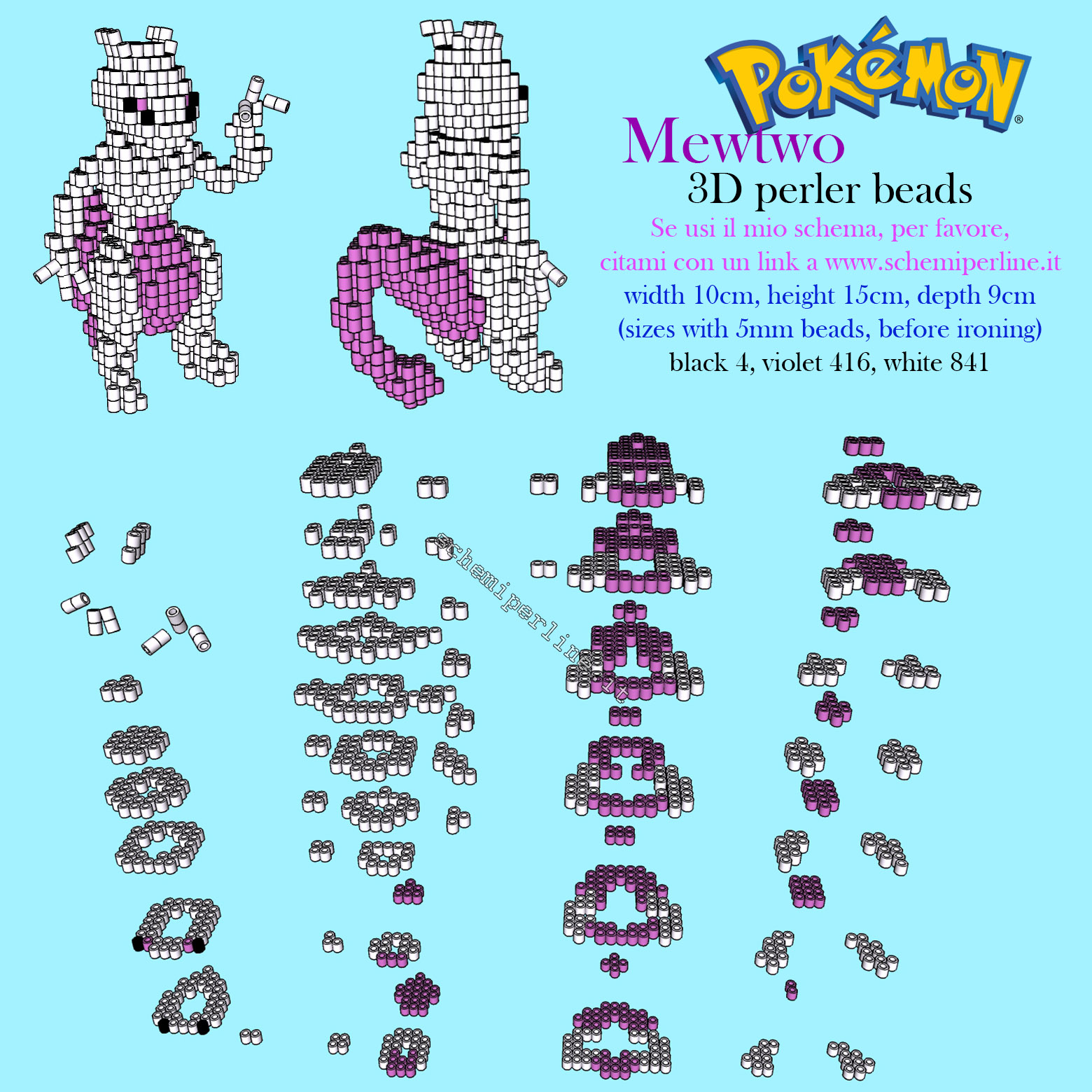 Il Pokemon Mewtwo schema gratuito in 3D con le perline a fusione Hama Beads Pyssla