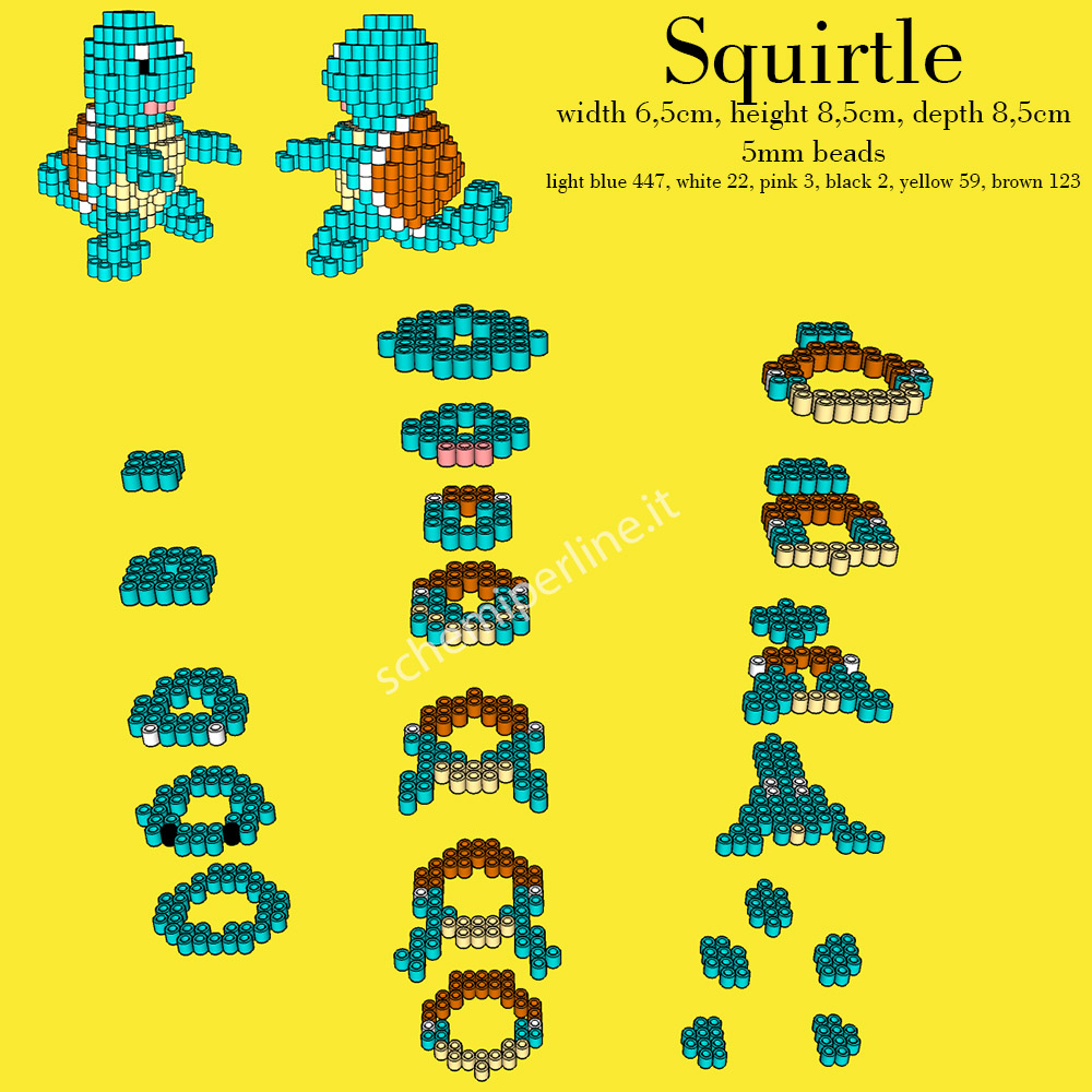 Il Pokemon Squirtle schema gratis in 3D con le perline da stirare Ikea Pyssla