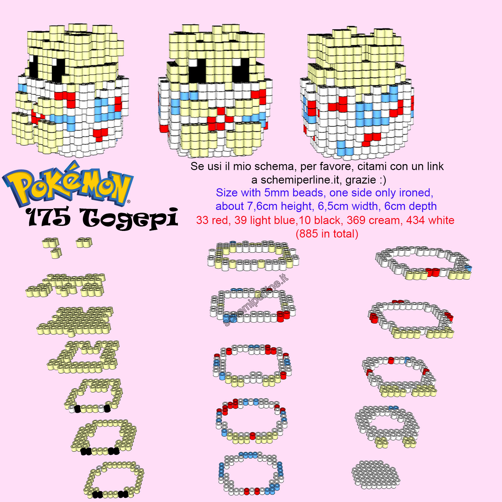 Il Pokemon Togepi in 3D schema tutorial gratis perline da stirare Pyssla Hama Perler