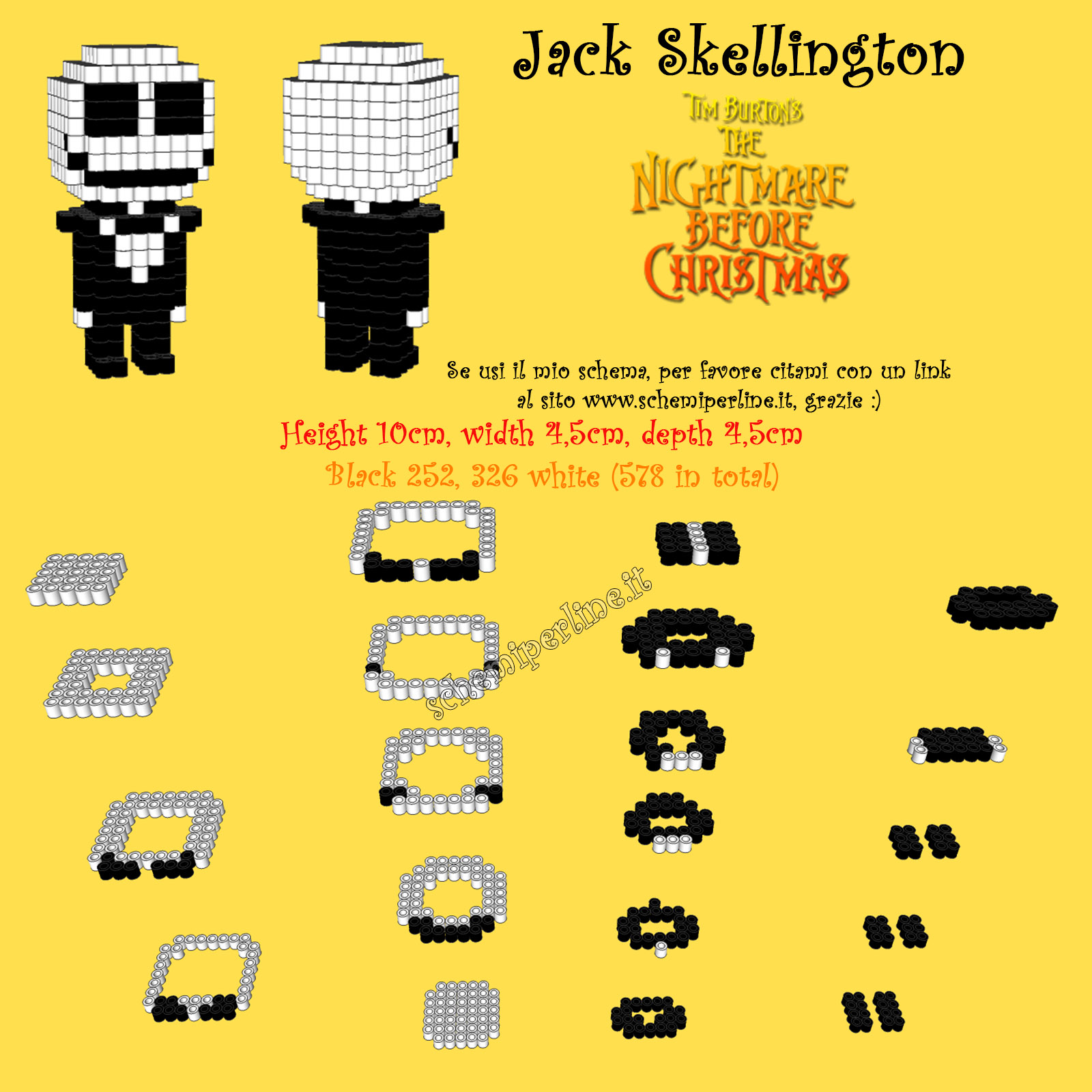 Jack Skeletron di Nightmare Before Christmas schema in 3D con le perline da stirare pyssla