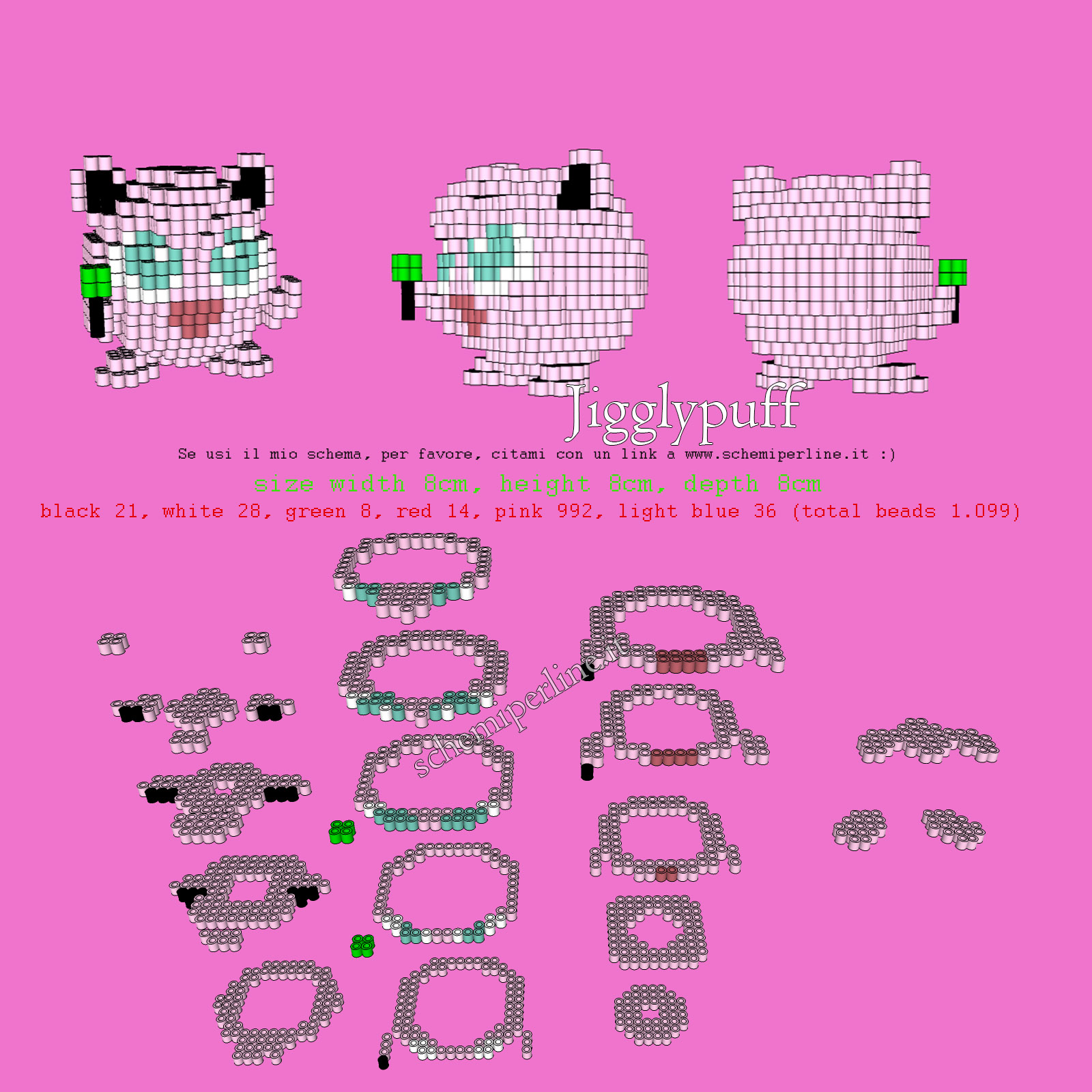 Jigglypuff schema gratis in 3D con le perline a fusione Ikea Pyssla