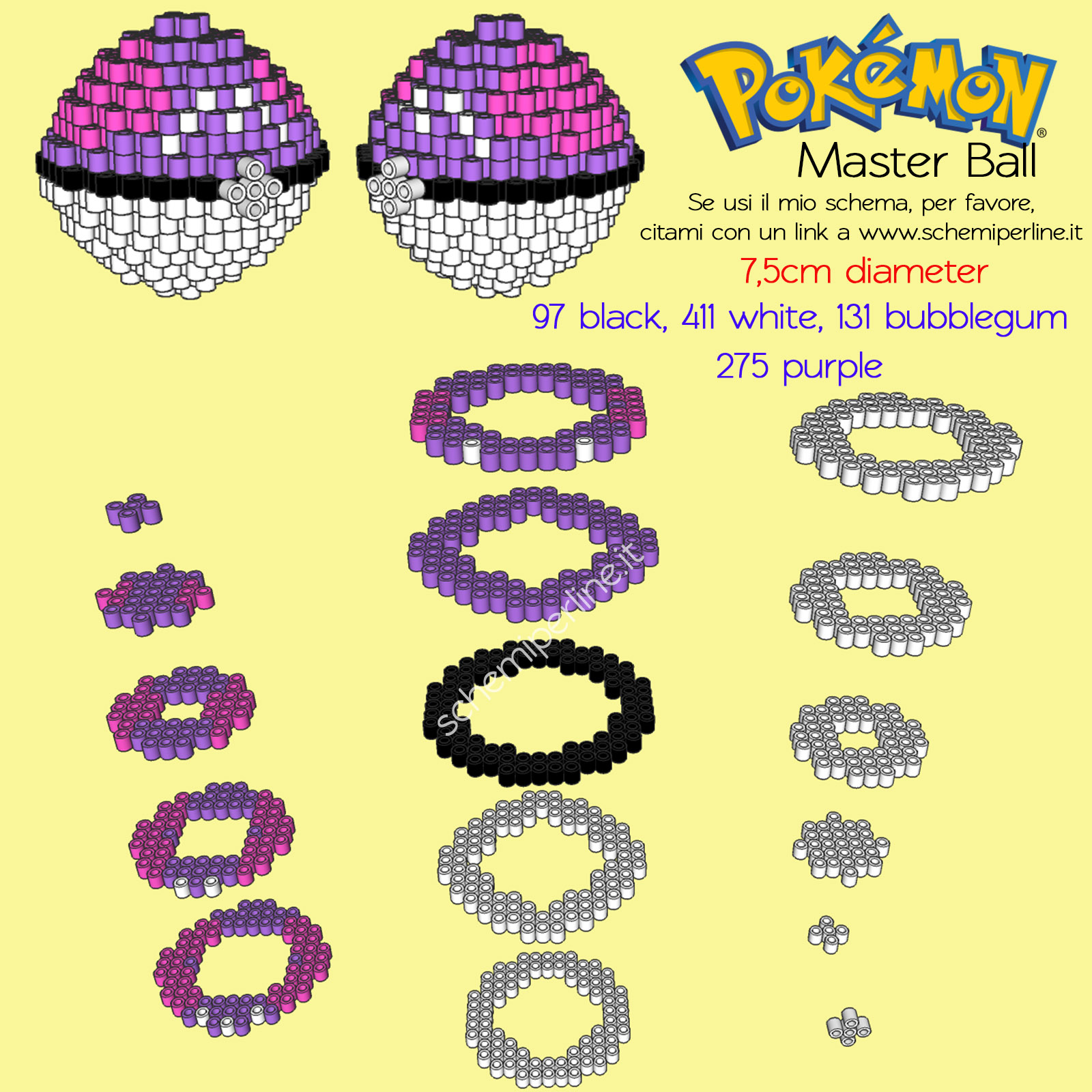 La Master Ball dei Pokemon in 3D con le Hama Beads o Pyssla schema gratis