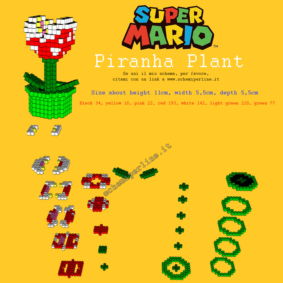 La Pianta Piranha di Super Mario Bros schema 3D perline a fusione Pyssla Hama Beads