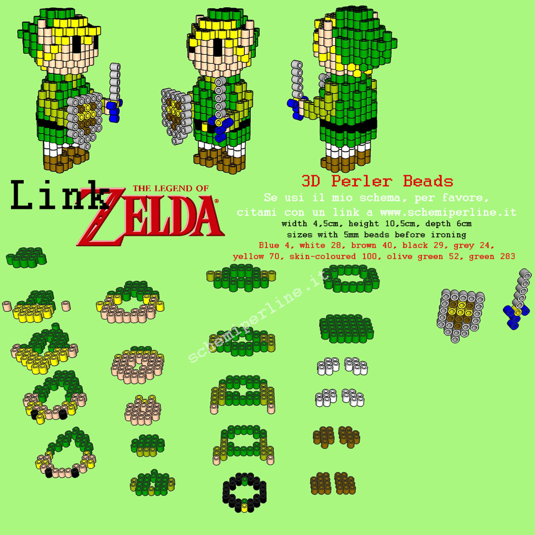 Link giovane personaggio The Legend Of Zelda schema 3D Pyssla Hama Beads