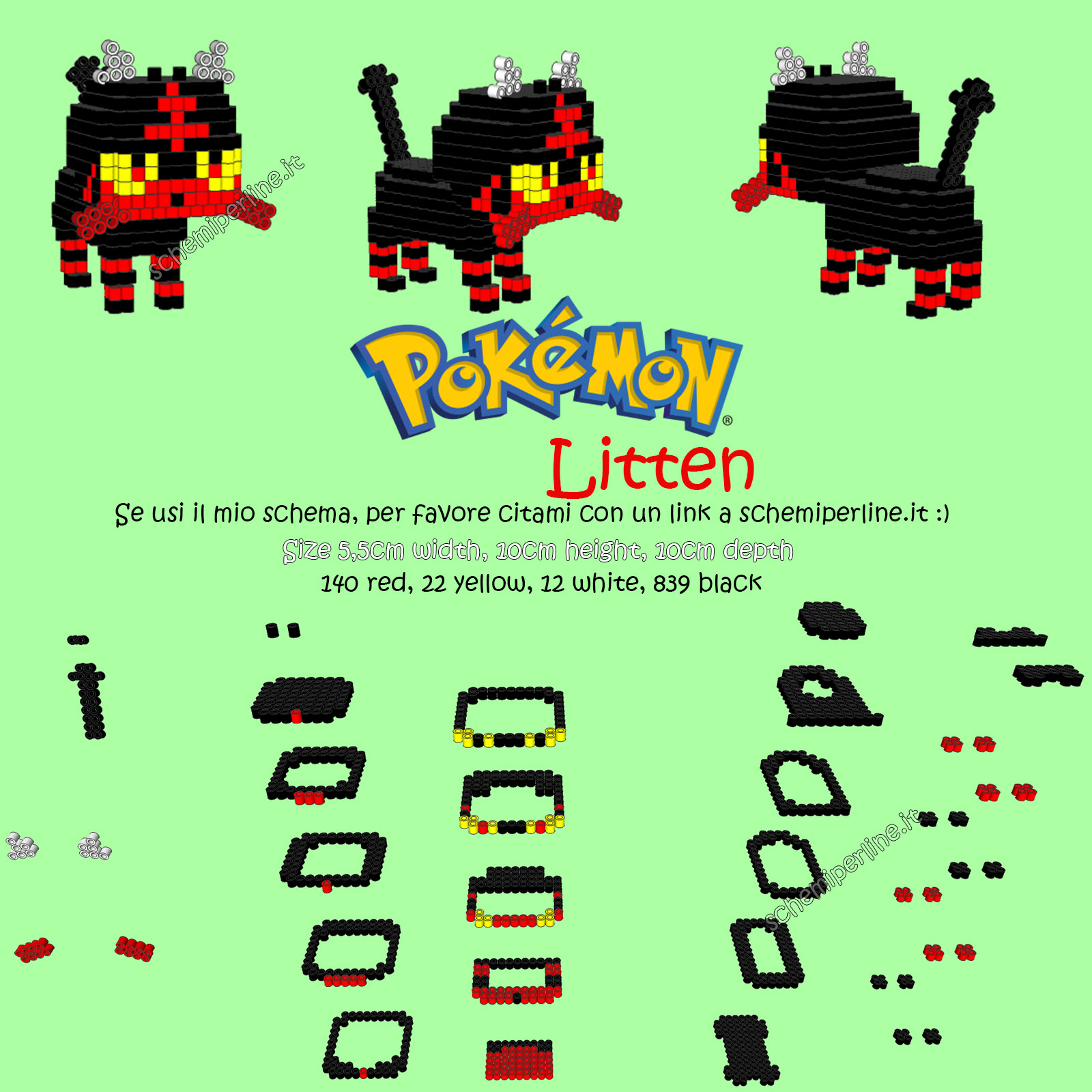 Litten Pokemon Sole Luna in 3D con le perline da stirare schema Pyssla Hama Beads