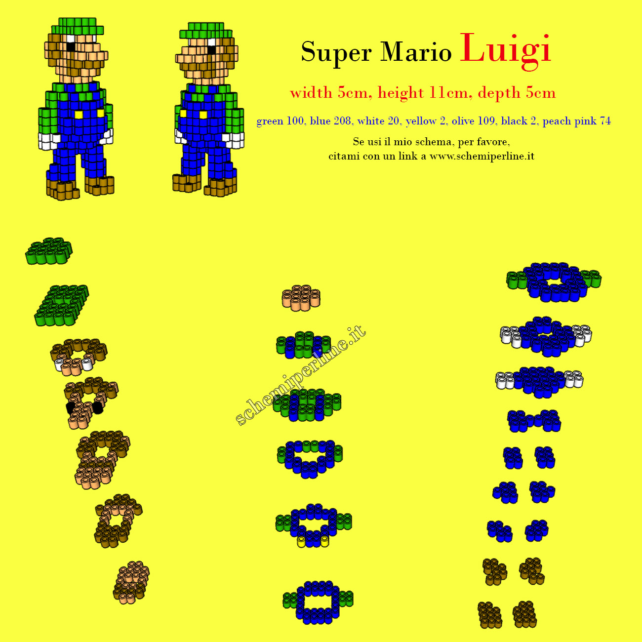 Luigi personaggio Super Mario schema 3D Ikea Pyssla Hama Beads