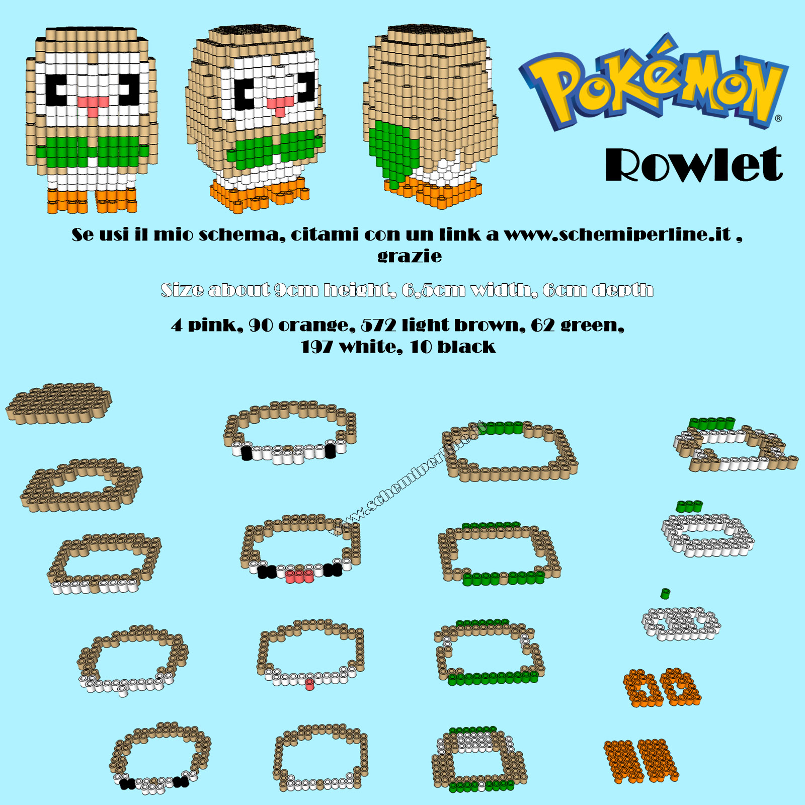 Rowlet da Pokemon Sole Luna schema gratis in 3D con Hama Beads Pyssla