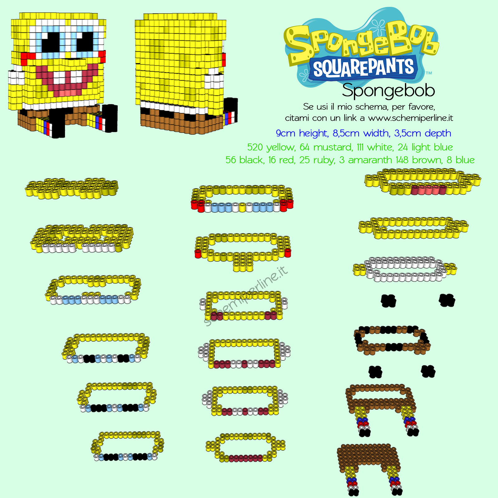 Schema gratis in 3D con le Pyssla Spongebob seduto