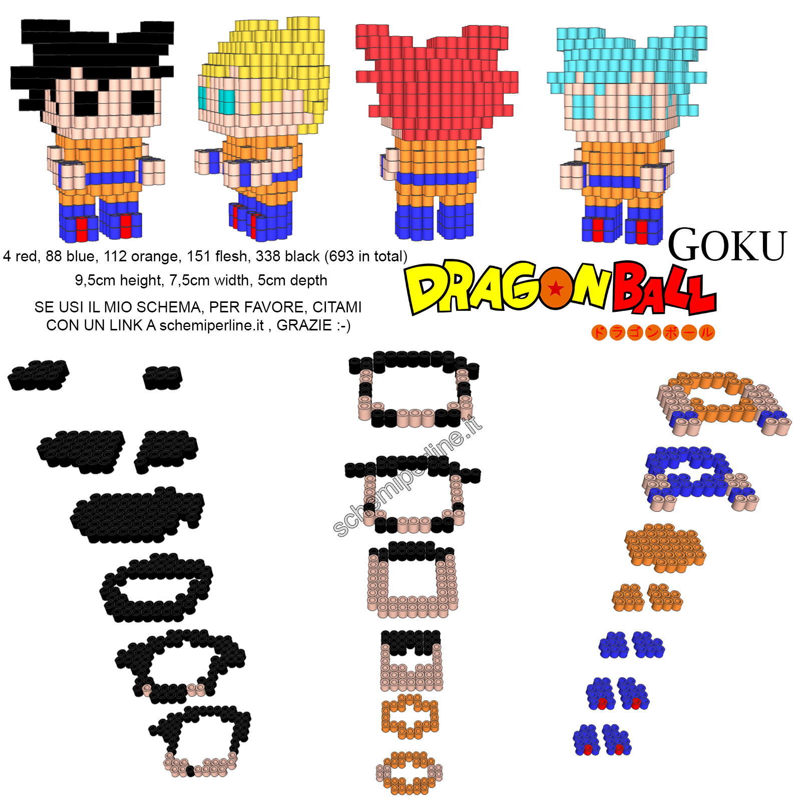 Schema gratis perline da stirare Hama Beads Pyssla in 3D Goku da Dragonball