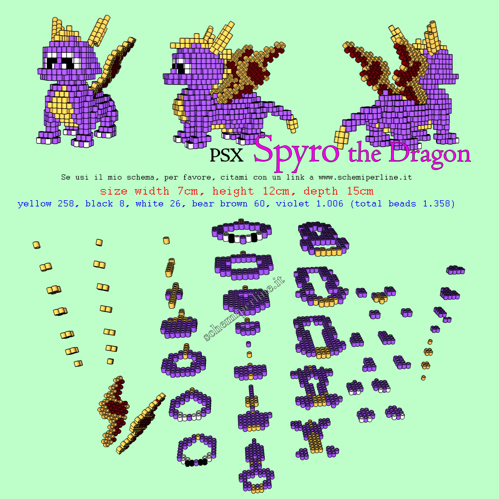 Schema perline da stirare Pyssla in 3D Spyro personaggio PlayStation