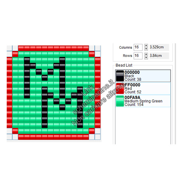 Schema pyssla hama beads iniziali M M verdi e rosse 16x16