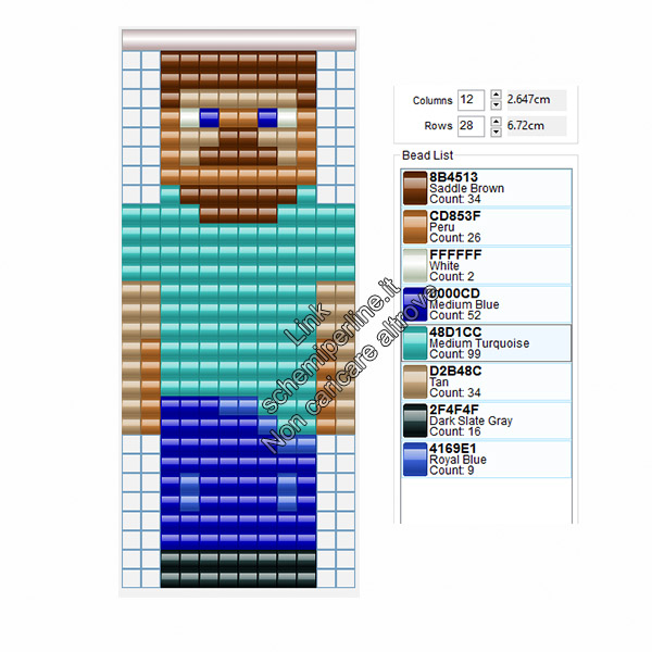 Steve del videogioco Minecraft schema perline a fusione pyssla gratis 12x28