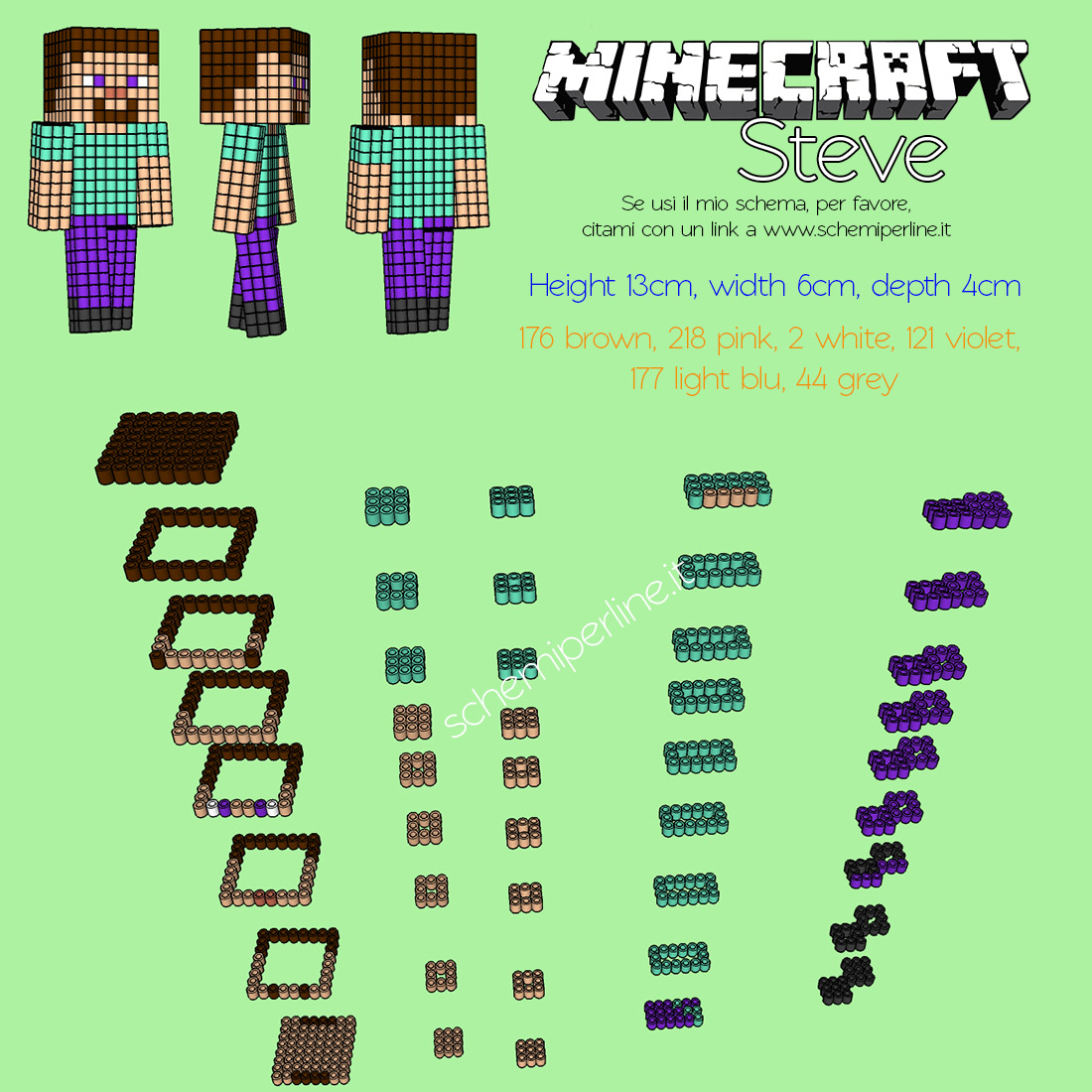 Steve personaggio Minecraft in 3D con le Pyssla o Hama Beads schema gratuito