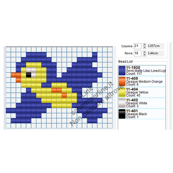 Uccellino blu e giallo schema perline a fusione 21x16